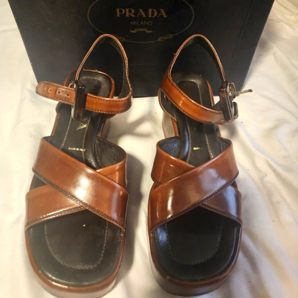 Prada wedges. Brown patent leather.  Collector's item.  1990s    Very rare.